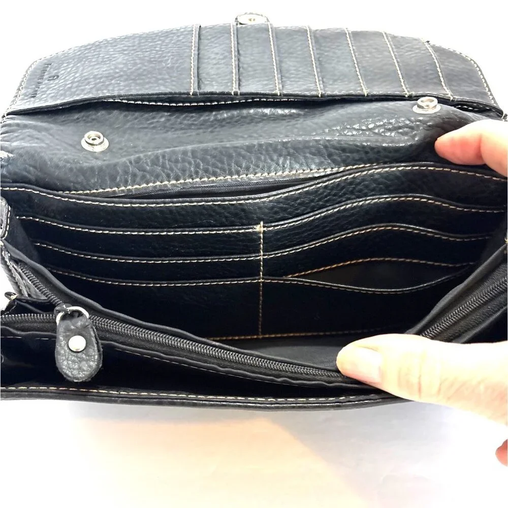 Black Etienne Aigner Monogram Canvas & Leather Wallet‎ Clutch Buckle Closure